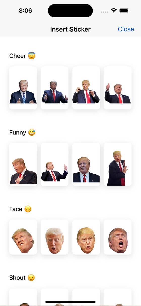 The sticker picker showing Cheer, Funny, Face and Shout categories